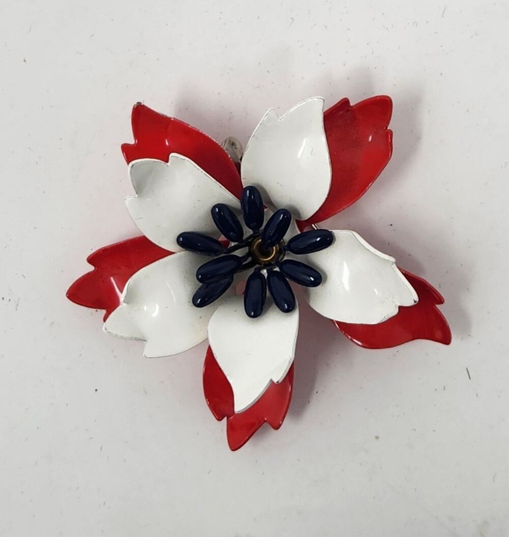 Vintage Red White Blue Metal 3D Layered Flower Brooch Pin